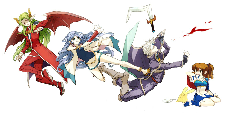 2girls 3boys arle_nadja asaki_(asakimon) bat_wings blood blue_hair blue_skirt brown_eyes carbuncle_(puyopuyo) fingerless_gloves flying_kick gloves green_eyes green_hair hand_fan holding holding_fan horns kicking long_hair looking_to_the_side madou_monogatari multiple_boys multiple_girls ponytail puyopuyo red_eyes rulue_(puyopuyo) satan_(puyopuyo) schezo_wegey simple_background skirt sword weapon white_background white_hair wings