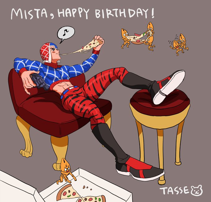 1boy abs animal_print argyle argyle_sweater blush couch crop_top eating food footstool guido_mista gun happy_birthday hat holding holding_food holding_pizza jojo_no_kimyou_na_bouken male_focus midriff musical_note on_chair on_couch pizza pizza_box pizza_slice revolver sex_pistols_(stand) solo spoken_musical_note sweater tasse_jj tiger_print vento_aureo weapon