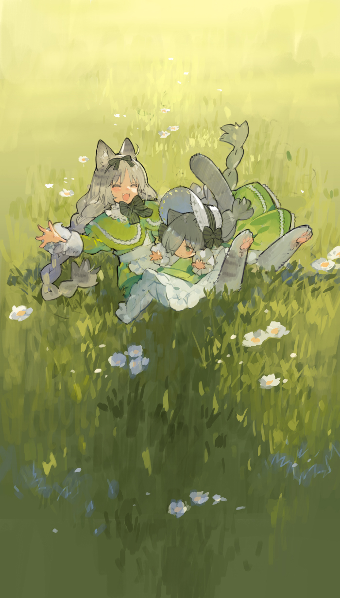 2girls :3 animal_ear_fluff animal_ears animal_feet apron black_bow bonnet bow bowtie braid capelet cat_ears cat_girl cat_tail closed_eyes closed_mouth digitigrade dress facing_another fang female_child field flower frilled_apron frills full_body grass green_background green_capelet green_dress green_eyes grey_hair grey_tail hair_bow highres long_hair long_sleeves lying multiple_girls on_stomach open_mouth original outdoors sitting starshadowmagician tail twin_braids very_long_hair waist_apron white_apron white_flower