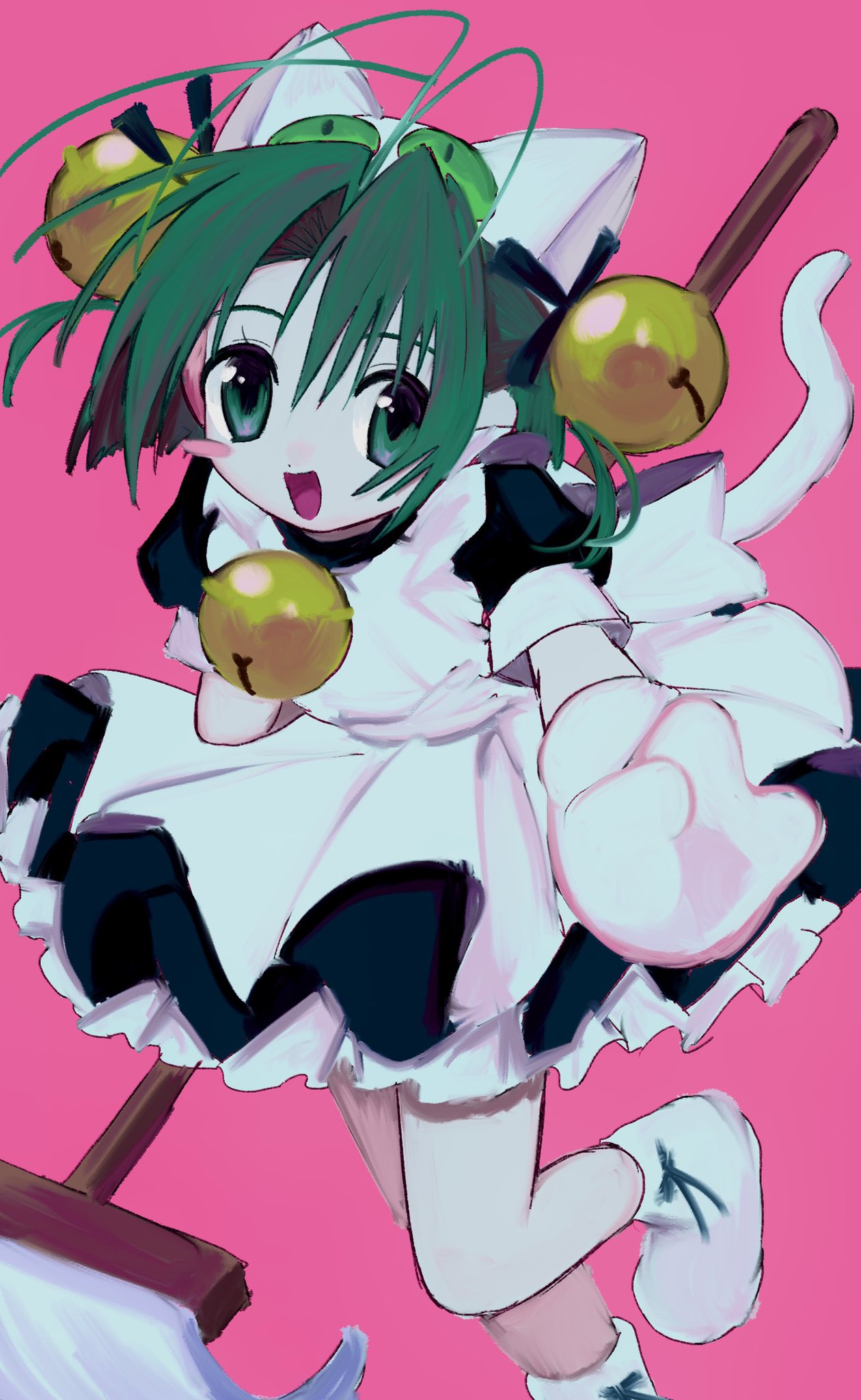 1girl animal_ears animal_hands animal_hat antenna_hair apron bell cat_ears cat_hat cat_tail dejiko di_gi_charat gloves green_eyes green_hair hair_bell hair_ornament hat highres looking_at_viewer maid_apron paw_gloves paw_shoes pepeppepe101 short_hair smile tail white_mittens