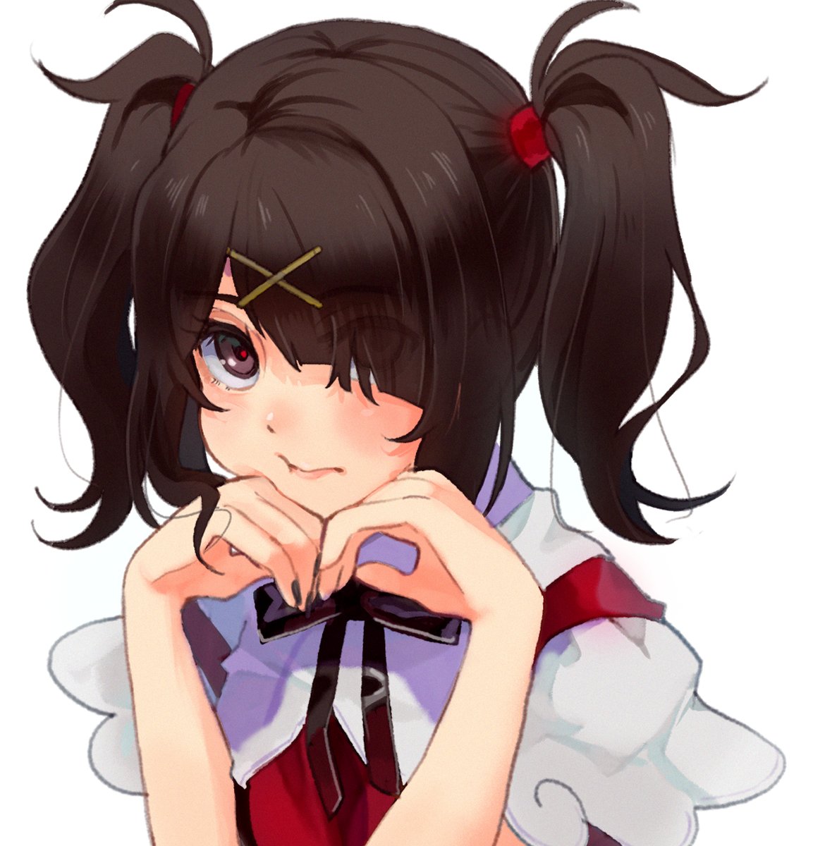 1girl ame-chan_(needy_girl_overdose) black_hair black_nails black_ribbon closed_mouth collar collared_shirt flypopo hair_ornament hair_over_one_eye hair_tie hands_on_own_chin highres looking_at_viewer neck_ribbon needy_girl_overdose red_shirt revision ribbon shirt simple_background solo twintails upper_body violet_eyes white_background white_collar x_hair_ornament