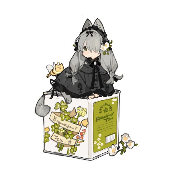1girl :/ animal_ears animal_feet black_dress black_ribbon cat_ears cat_tail closed_mouth creature dress flower full_body green_eyes grey_hair hair_flower hair_ornament hair_over_one_eye long_hair long_sleeves looking_at_viewer low_twintails neck_ribbon original ribbon simple_background sitting solo starshadowmagician tail twintails white_background white_flower