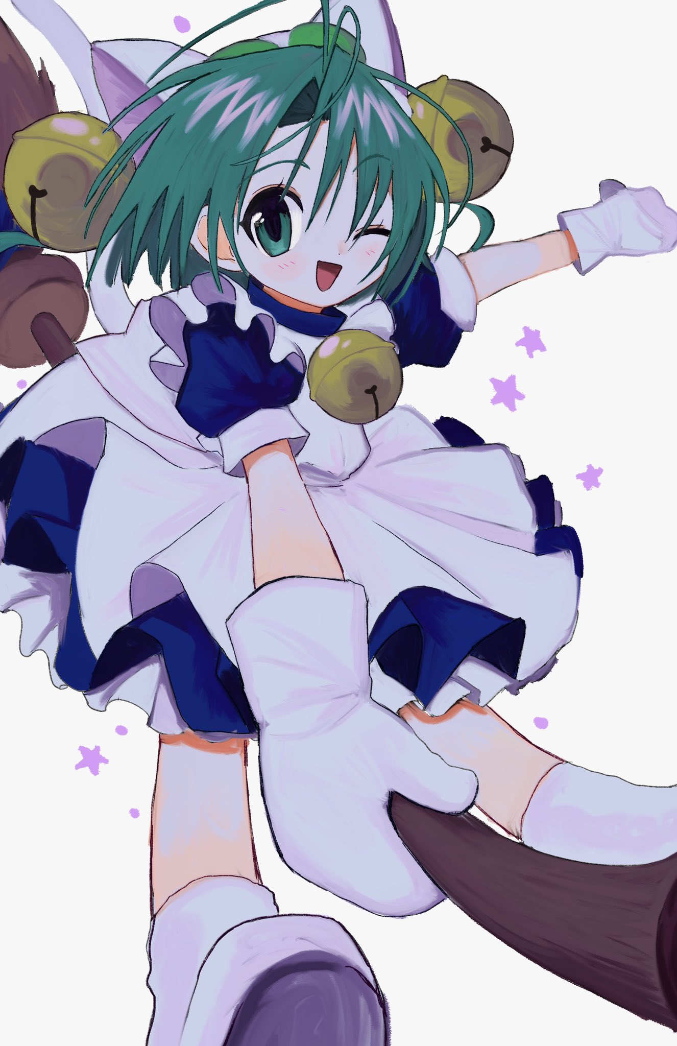 animal_hands animal_hat antenna_hair apron bell blue_dress cat_hat dejiko di_gi_charat dress gloves green_eyes green_hair hair_bell hair_ornament hat highres maid_apron one_eye_closed paw_gloves paw_shoes pepeppepe101 puffy_short_sleeves puffy_sleeves short_sleeves white_apron white_mittens