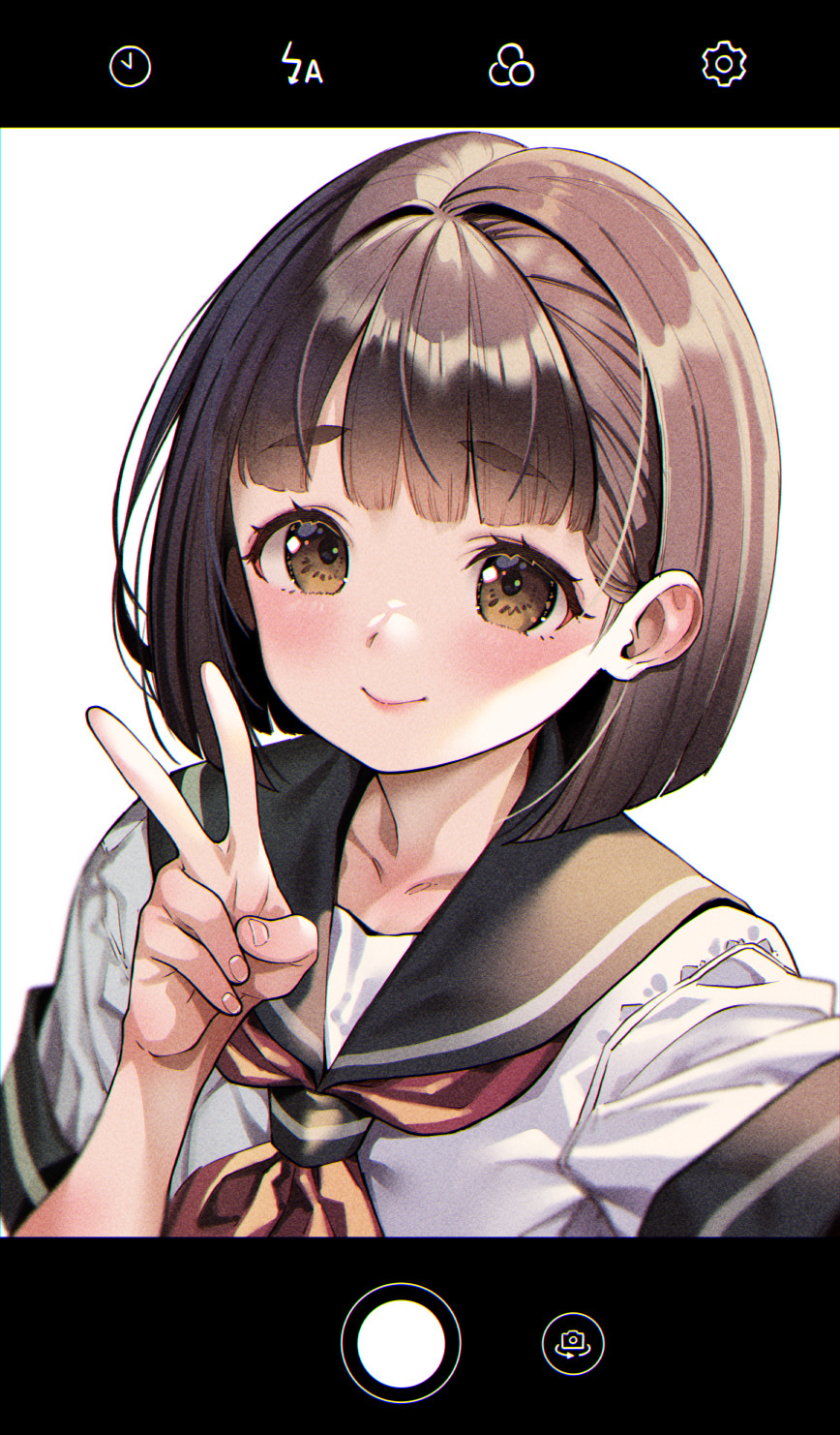 1girl black_hair black_sailor_collar blush bob_cut brown_eyes highres kink_(tortoiseshell) looking_at_viewer neckerchief original phone_screen red_neckerchief sailor_collar school_uniform selfie serafuku short_hair short_sleeves smile solo upper_body v white_background