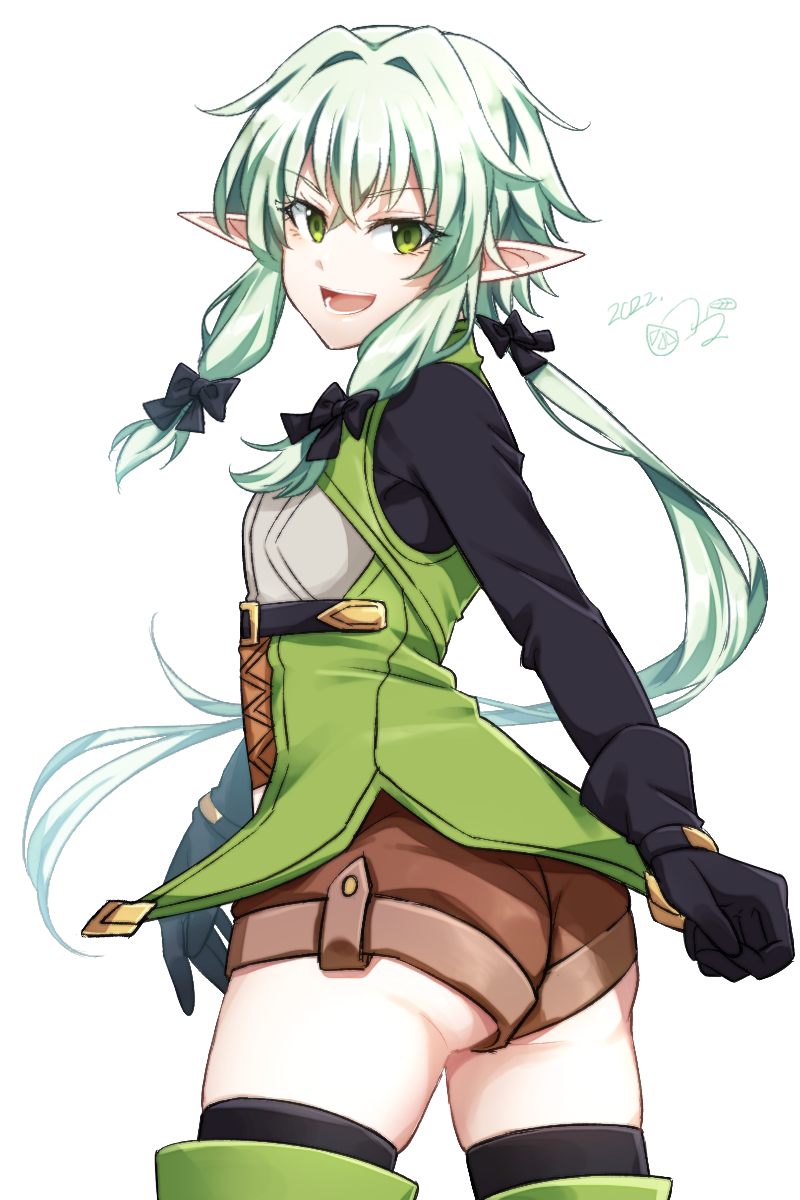1girl black_bow black_gloves bow brown_shorts cowboy_shot crossed_bangs dated elf gloves goblin_slayer! green_eyes green_hair hair_between_eyes hair_bow high_elf_archer_(goblin_slayer!) highres kankitukou long_hair looking_at_viewer open_mouth pointy_ears ponytail shorts sidelocks simple_background smile solo tunic white_background