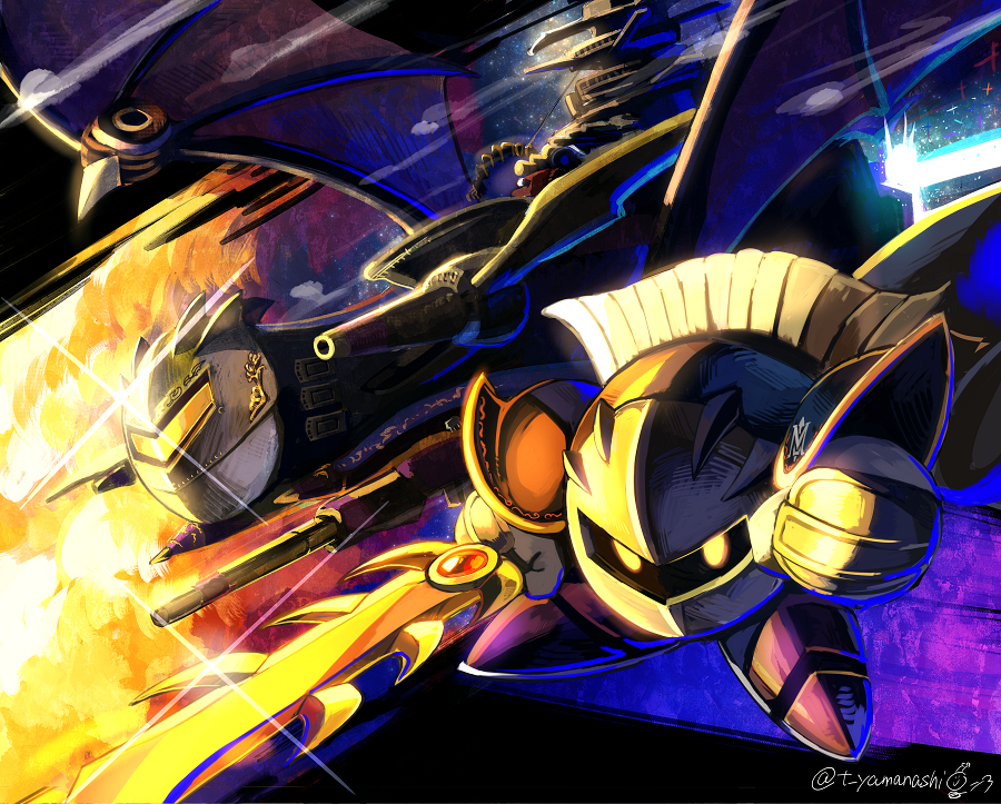 1boy commentary_request halberd_(airship) holding holding_sword holding_weapon kirby_(series) light looking_at_viewer male_focus mask meta_knight purple_footwear ship solo sparkle sword watercraft weapon yamanashi_taiki yellow_eyes