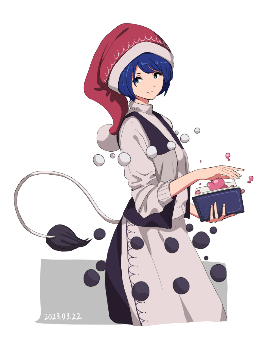 1girl blob blue_eyes blue_hair book closed_mouth dated doremy_sweet dream_soul dress hat holding holding_book long_sleeves nightcap pom_pom_(clothes) red_headwear shishi_osamu short_hair smile solo tail tapir_tail touhou white_dress
