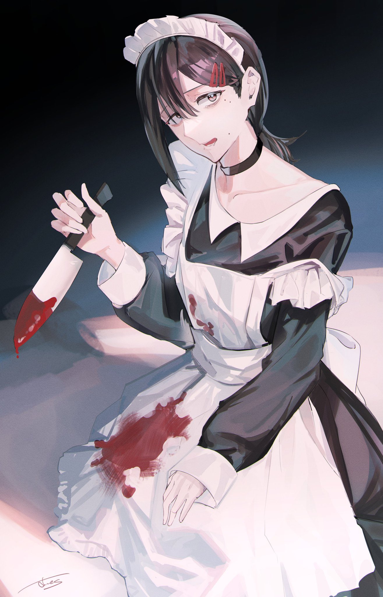 1girl apron black_choker black_hair blood blood_on_clothes blood_on_knife chainsaw_man choker hair_ornament hairclip higashiyama_kobeni highres holding holding_knife knife looking_at_viewer maid maid_apron maid_headdress mole mole_under_eye mole_under_mouth multiple_moles off_shoulder open_mouth seies_ss short_hair short_ponytail signature single_sidelock solo