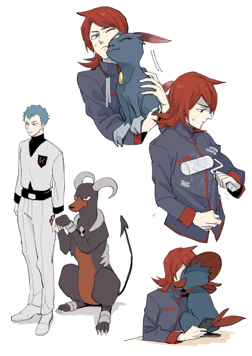 2boys archer_(pokemon) belt belt_buckle black_shirt buckle commentary_request cowlick grey_jacket holding holding_pokemon jacket lint_roller logo long_hair long_sleeves looking_down male_focus monji_samonji multiple_boys pants pokemon pokemon_(creature) pokemon_(game) pokemon_hgss redhead shirt shoes short_hair silver_(pokemon) sneasel sweatdrop team_rocket team_rocket_uniform weavile white_background