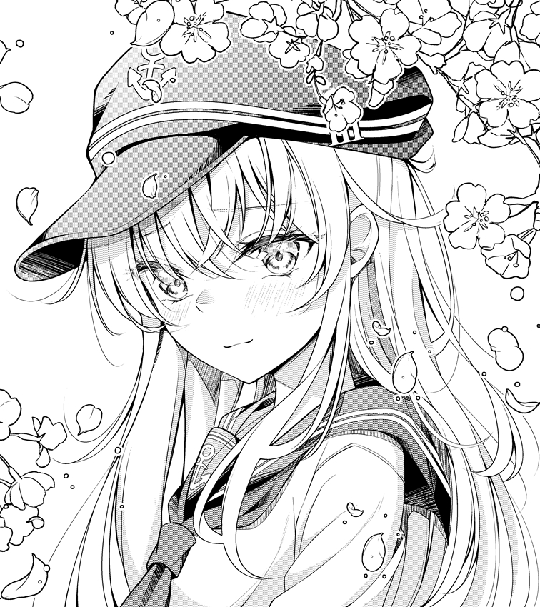 1girl anchor_symbol blush closed_mouth flat_cap greyscale hair_between_eyes hat hibiki_(kancolle) hikobae kantai_collection long_hair monochrome neckerchief petals portrait sailor_collar school_uniform serafuku sidelocks solo