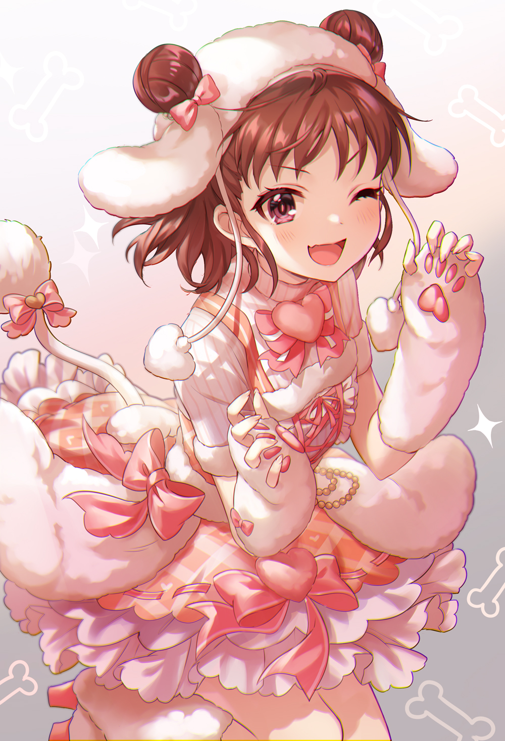 1girl ;d animal_hands blush bone boots brown_hair double_bun dress fingerless_gloves fur_hat gloves gradient_background hair_bun hair_ribbon hat heart highres idolmaster idolmaster_cinderella_girls idolmaster_cinderella_girls_starlight_stage iku2727 knee_boots multiple_straps munakata_atsumi one_eye_closed open_mouth paw_gloves pink_ribbon plaid plaid_dress ribbon short_hair short_sleeves smile solo sparkle tail white_dress