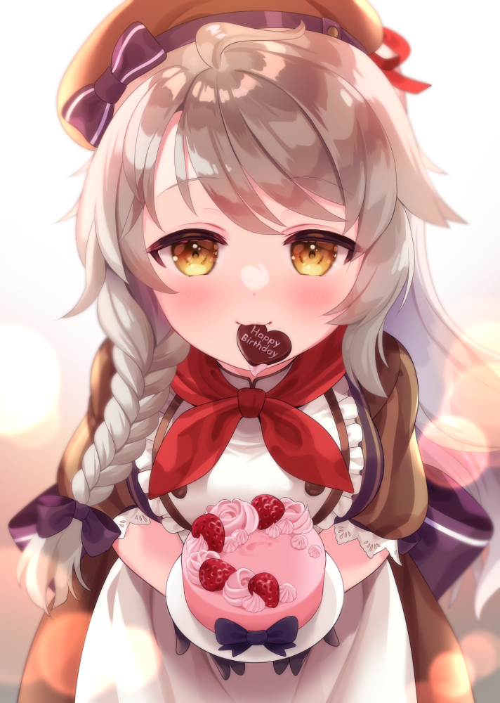 1girl ahoge backlighting beret blush braid brown_eyes cake candy chocolate commission flower_knight_girl food food_in_mouth from_above fruit grey_hair happy_birthday hat heart heart-shaped_chocolate holding holding_cake holding_food komugi_(flower_knight_girl) long_hair looking_at_viewer pico_(p_i_c_o) skeb_commission solo strawberry