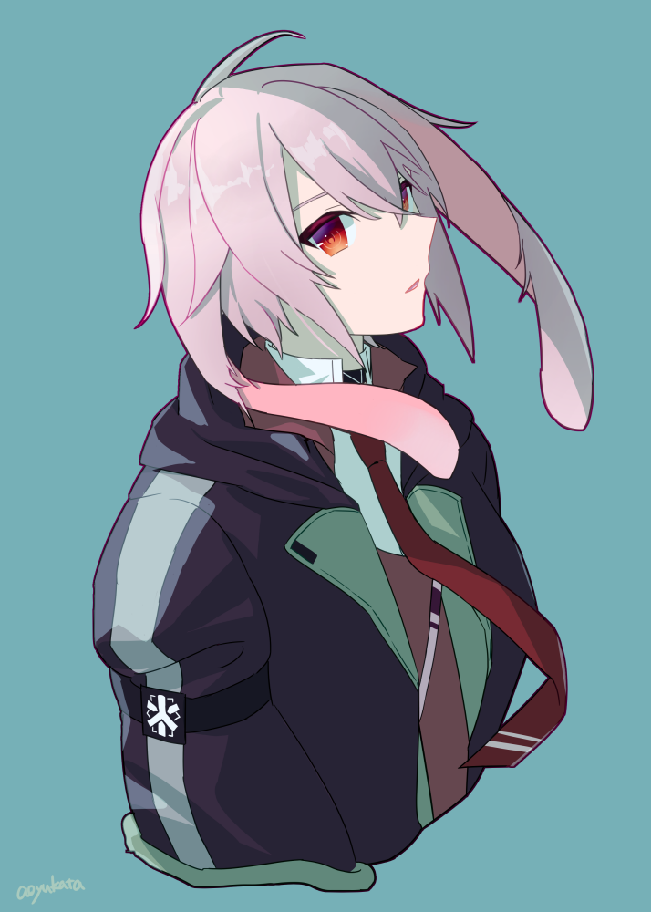 1boy animal_ears ansel_(arknights) arknights black_jacket blue_background brown_shirt collared_shirt cropped_torso hair_between_eyes haiteng jacket looking_at_viewer male_focus necktie open_clothes open_jacket parted_lips pink_hair rabbit_ears red_necktie shirt solo upper_body white_shirt