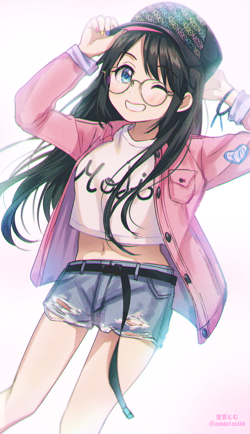 1girl arm_behind_head artist_name belt black_hair blue_eyes blush bracelet breasts crop_top cropped_shirt denim denim_shorts glasses grin hat highres holding holding_clothes holding_hat idolmaster idolmaster_shiny_colors jacket jewelry long_hair long_sleeves looking_at_viewer midriff mitsumine_yuika multicolored_nails navel one_eye_closed pink_jacket shorts simple_background small_breasts smile solo soramame_tomu standing torn_clothes torn_shorts white_background