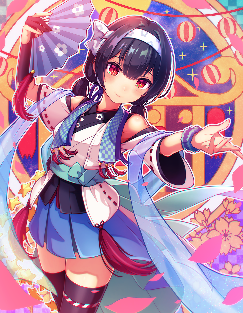 1girl bare_shoulders black_hair black_thighhighs blush bow checkered_background checkered_clothes closed_mouth falling_petals flower folding_fan gloves hachimaki hair_between_eyes hand_fan headband highres idolmaster idolmaster_shiny_colors japanese_clothes kimono kimono_skirt lantern looking_at_viewer low_twintails mikoshi morino_rinze obi paper_lantern partially_fingerless_gloves petals pleated_skirt poroze reaching_towards_viewer red_eyes sash scrunchie shawl short_hair skirt smile solo star_(symbol) thigh-highs twintails zettai_ryouiki