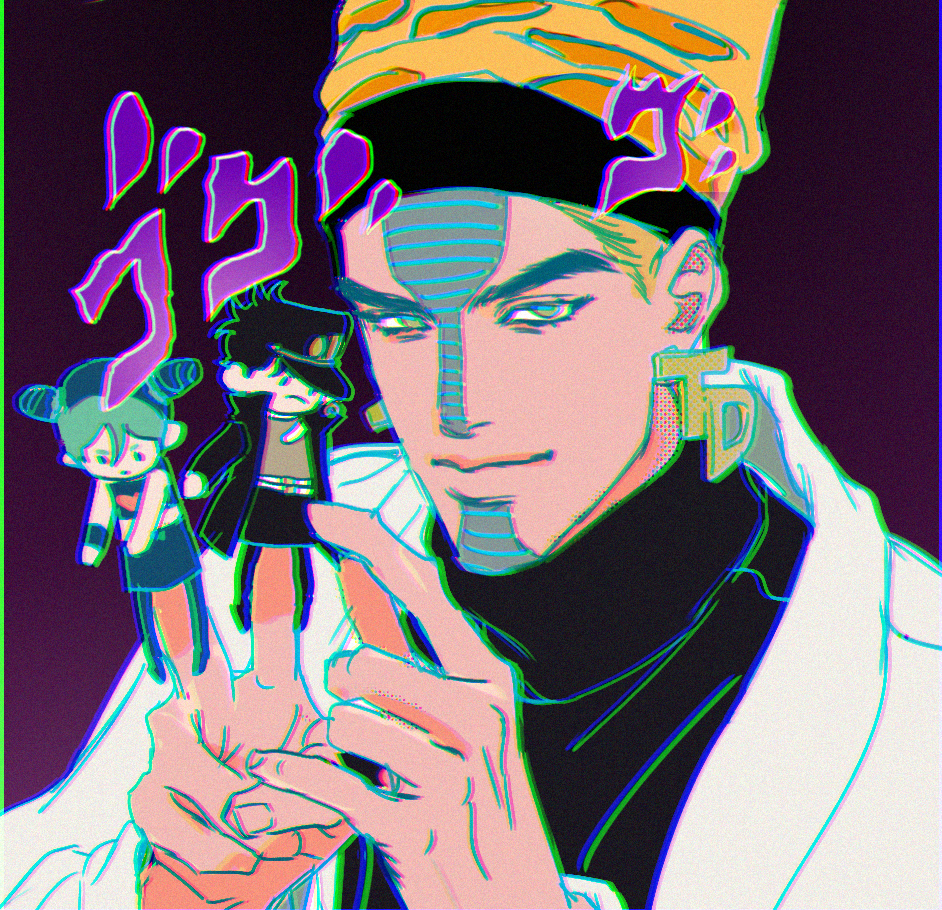 1boy beehive_hairdo chromatic_aberration earrings facial_tattoo finger_puppet headband jewelry jojo_no_kimyou_na_bouken kujo_jolyne kujo_jotaro male_focus menacing_(jojo) puppet solo stardust_crusaders tattoo terence_t._d'arby time_paradox turtleneck user_dapv2434