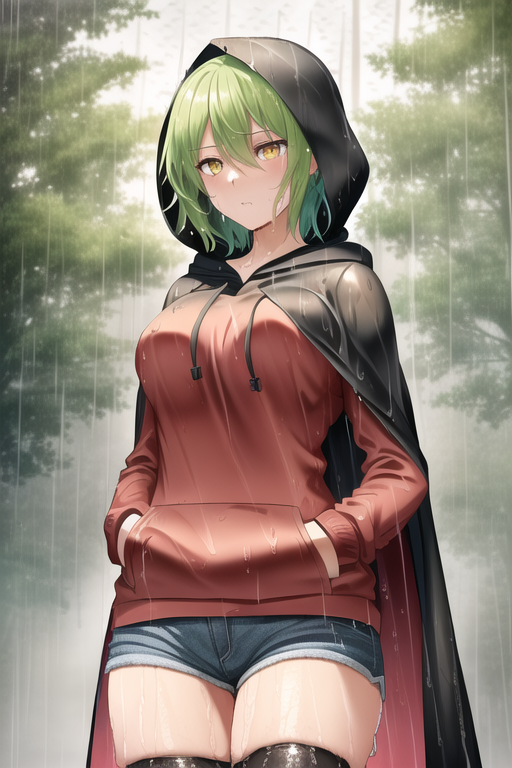 cloak denim denim_shorts depressed forest green_hair hands_in_pockets hikage_(senran_kagura) hood nature non-web_source rain sad shorts sweater thigh-highs tree yellow_eyes