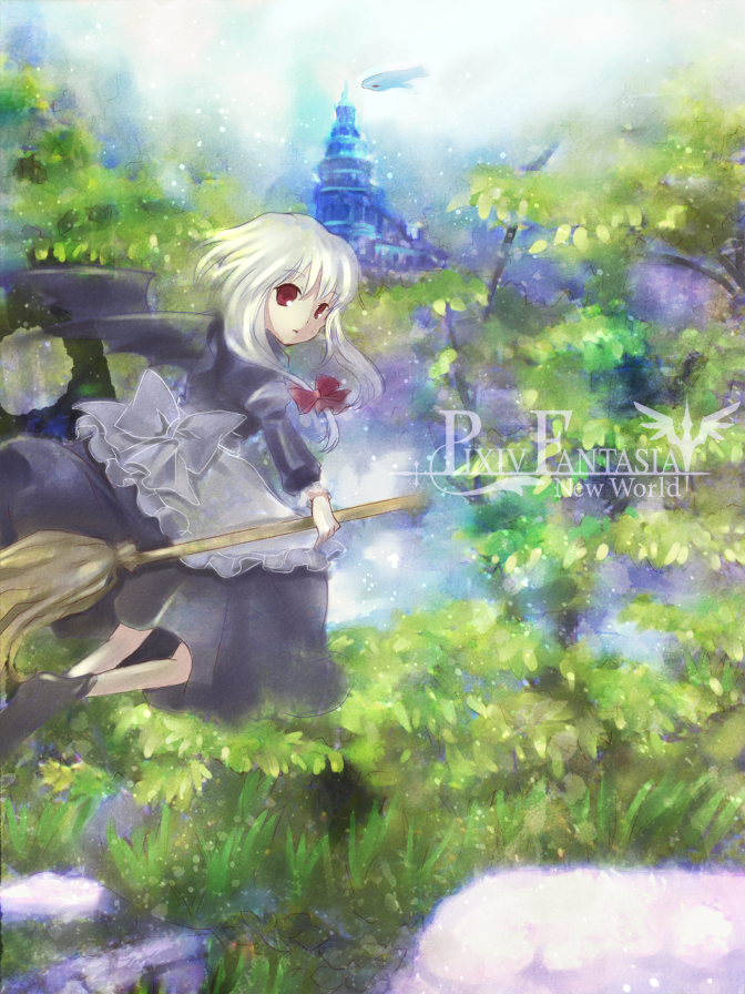 1girl apron back_bow bat_wings black_dress black_footwear black_wings bow broom bush castle commentary_request copyright_name dress expressionless frilled_apron frills full_body grass hair_bow holding holding_broom juliet_sleeves long_hair long_sleeves looking_at_viewer open_mouth pixiv_fantasia pixiv_fantasia_new_world puffy_sleeves red_bow red_eyes rock shiosumi_aya shoes sidelocks solo tree waist_apron waist_bow white_apron white_bow white_hair wings