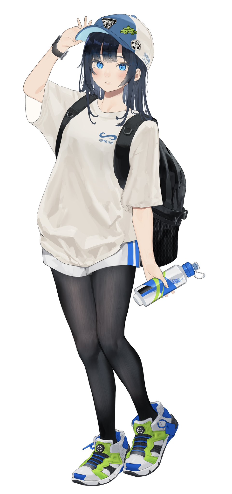 1girl backpack bag baseball_cap black_hair black_pantyhose blue_eyes blush bottle hand_on_headwear hat highres holding holding_bottle leggings looking_at_viewer mashiro_kta original pantyhose shirt shoes shorts sneakers water_bottle white_shirt white_shorts