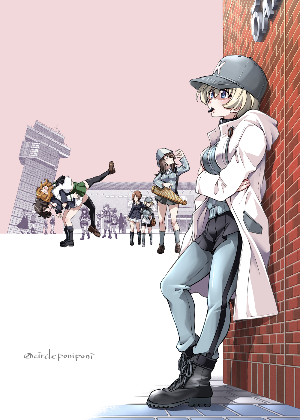 6+girls akiyama_yukari alisa_(girls_und_panzer) anchovy_(girls_und_panzer) baseball_cap belle_(girls_und_panzer) bike_shorts bike_shorts_under_shorts black_shorts blue_eyes blue_headwear blue_pants brown_hair building coat commentary_request cutlass_(girls_und_panzer) darjeeling_(girls_und_panzer) girls_und_panzer grey_hair hat highres hooded_coat inoue_yoshihisa instrument isuzu_yuri itsumi_erika jane_(girls_und_panzer) kantele keizoku_military_uniform keizoku_school_uniform long_hair mouth_hold multiple_girls naomi_(girls_und_panzer) nishizumi_miho nishizumi_shiho ooarai_marine_tower ooarai_military_uniform ooarai_school_uniform open_clothes open_coat pants pants_under_skirt partial_commentary salmiakki school_uniform shirt short_hair shorts single_vertical_stripe softball_uniform sportswear standing stretching takebe_saori textless_version track_pants twitter_username white_coat white_shirt youko_(girls_und_panzer)