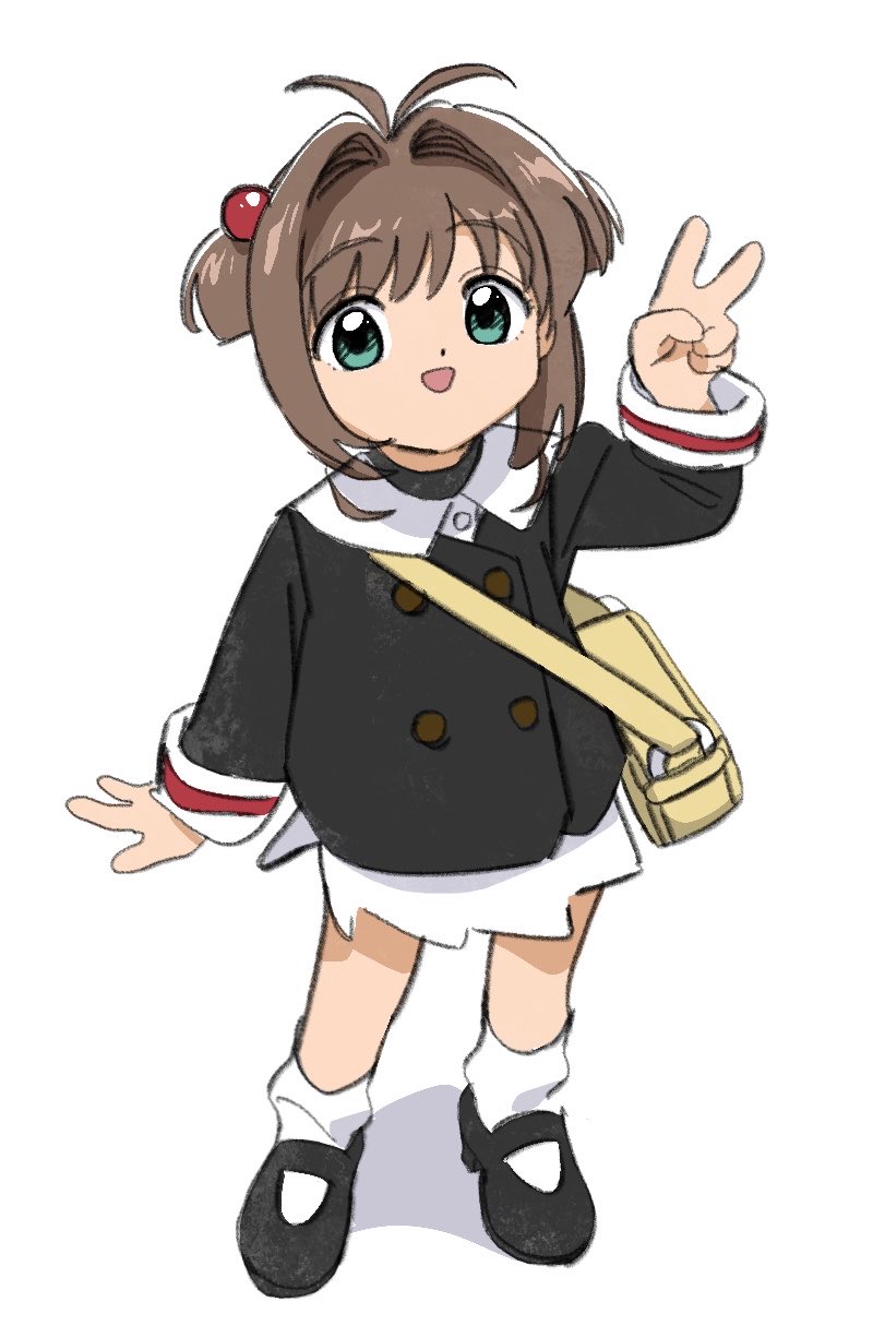 1girl black_footwear brown_hair cardcaptor_sakura female_child green_eyes highres kinomoto_sakura nnn-ollll open_mouth school_uniform shadow simple_background skirt socks tomoeda_elementary_school_uniform v white_background white_skirt white_socks yellow_bag