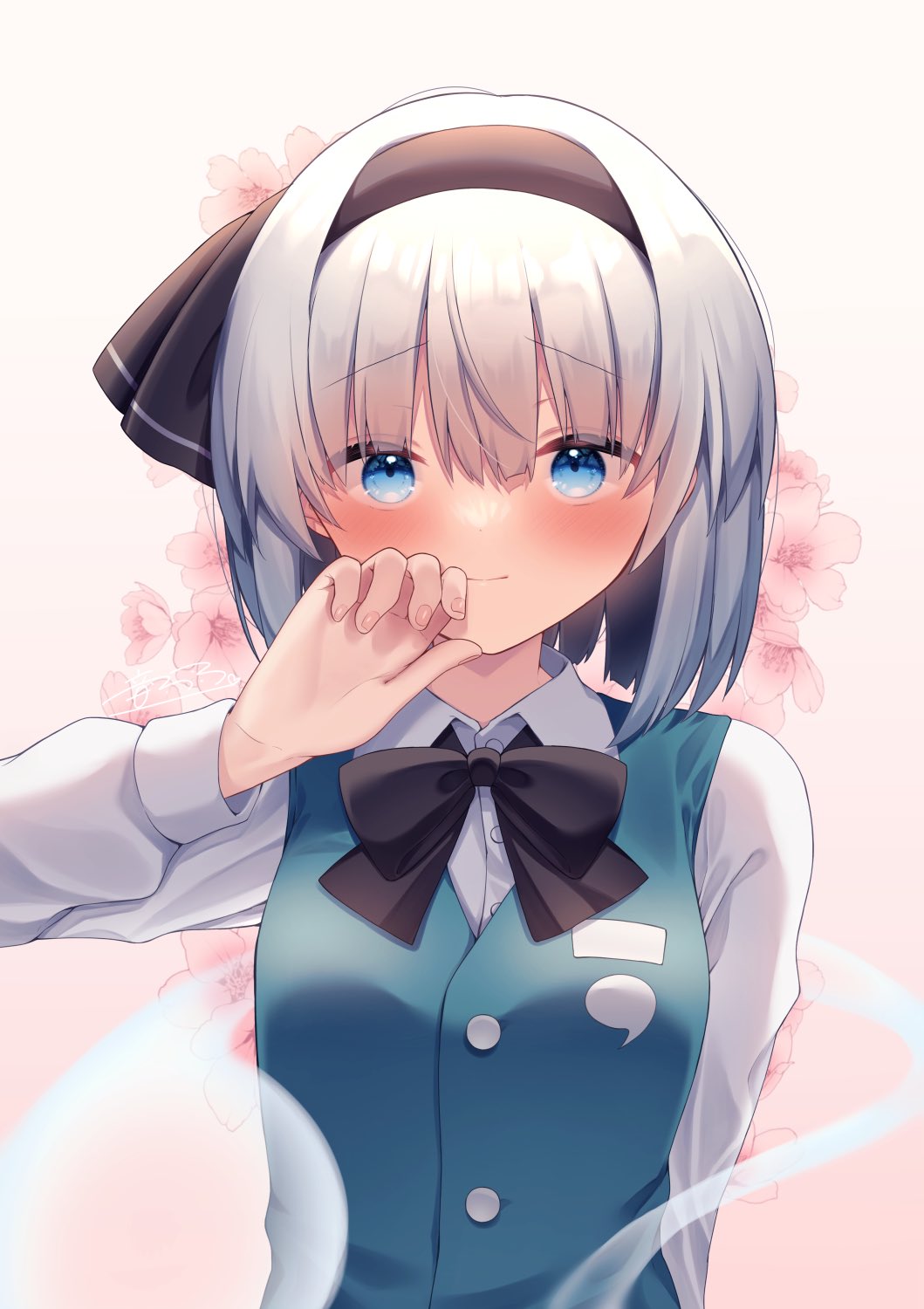 1girl black_bow black_bowtie black_headband blue_eyes blush bow bowtie embarrassed floral_background flower hand_over_face headband highres jacket konpaku_youmu konpaku_youmu_(ghost) large_bow looking_at_viewer otowa_(otoha4634) pink_background pink_flower short_hair smile solo touhou white_hair white_jacket