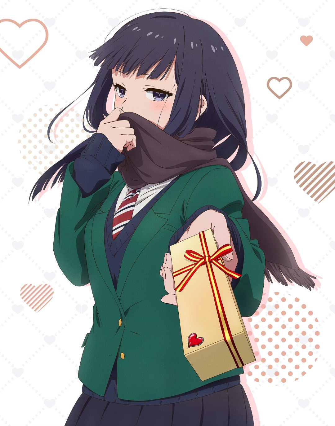 1girl alternate_costume alternate_hairstyle black_eyes black_hair blunt_bangs blush box brown_scarf button_gap cardigan covering_mouth gift gift_box gundou_misuzu half-closed_eyes hand_over_own_mouth heart highres holding holding_gift incoming_gift looking_at_viewer necktie pleated polka_dot polka_dot_background ribbon scarf scarf_over_mouth school_uniform simple_background skirt sweater_vest tomo-chan_wa_onna_no_ko