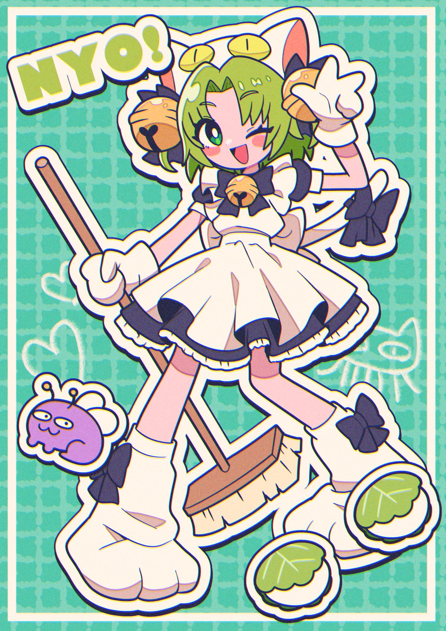 1girl ;d animal_ears animal_hands animal_hat apron bell blue_bow blue_dress bow broom bug caffeinejunk6 cat_ears cat_hat cat_tail dejiko di_gi_charat dress full_body gloves green_eyes green_hair hair_bell hair_intakes hair_ornament hat highres holding holding_broom jingle_bell looking_at_viewer maid_apron one_eye_closed open_mouth parted_bangs paw_gloves paw_shoes puffy_sleeves short_hair smile solo standing tail v white_mittens