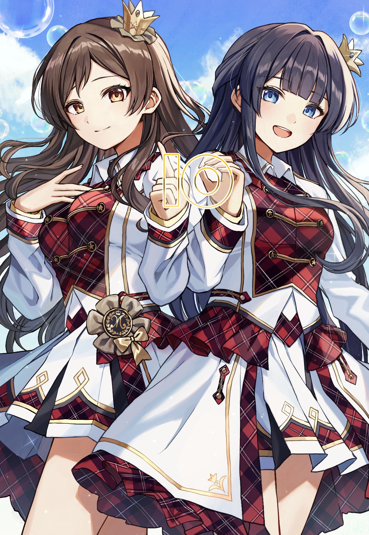 2girls black_hair blue_eyes blush brown_eyes brown_hair closed_mouth clouds cloudy_sky crown day dot_nose hair_ornament hand_on_own_chest highres idolmaster idolmaster_million_live! idolmaster_million_live!_theater_days index_finger_raised jacket kitazawa_shiho kurousagi_yuu long_hair long_sleeves looking_at_viewer mogami_shizuka multiple_girls open_mouth plaid plaid_jacket plaid_skirt pleated_skirt red_jacket sash skirt sky smile soap_bubbles