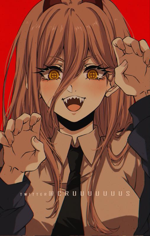 1girl black_necktie blonde_hair breasts chainsaw_man claw_pose collared_shirt criis-chan cross-shaped_pupils demon_horns grey_shirt hair_between_eyes hands_up horns jacket large_breasts long_hair looking_at_viewer necktie open_mouth orange_eyes portrait power_(chainsaw_man) red_background red_eyes red_horns sharp_teeth shirt simple_background smile solo symbol-shaped_pupils teeth twitter_username