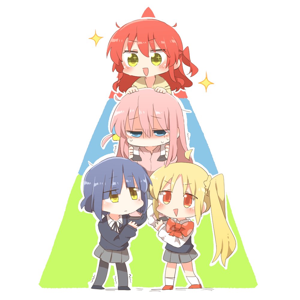 4girls blonde_hair blue_background blue_hair blush bocchi_the_rock! chibi closed_mouth collared_shirt commentary cube_hair_ornament gotou_hitori green_background green_eyes grey_skirt hair_ornament hands_on_another's_head human_pyramid ijichi_nijika jacket kita_ikuyo long_hair long_sleeves miniskirt mole mole_under_eye multiple_girls neck_ribbon no_mouth one_side_up open_mouth pantyhose pink_jacket rebecca_(keinelove) red_background redhead ribbon sailor_collar school_uniform serafuku shaded_face shirt short_hair side_ponytail skirt sparkle sparkling_eyes sweater_vest track_jacket trembling white_background white_shirt yamada_ryou yellow_eyes
