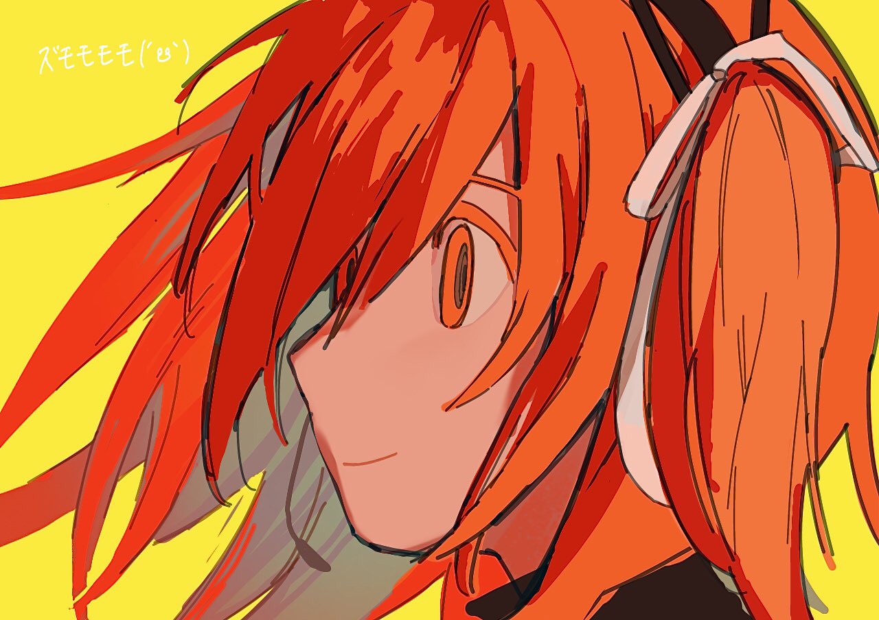 1girl a.i._voice adachi_rei black_shirt chyan_pon closed_mouth empty_eyes floating_hair from_side hair_ribbon looking_ahead medium_hair microphone one_side_up orange_eyes orange_hair portrait ribbon ringed_eyes shirt simple_background smile solo source_quote turtleneck utau white_ribbon yellow_background
