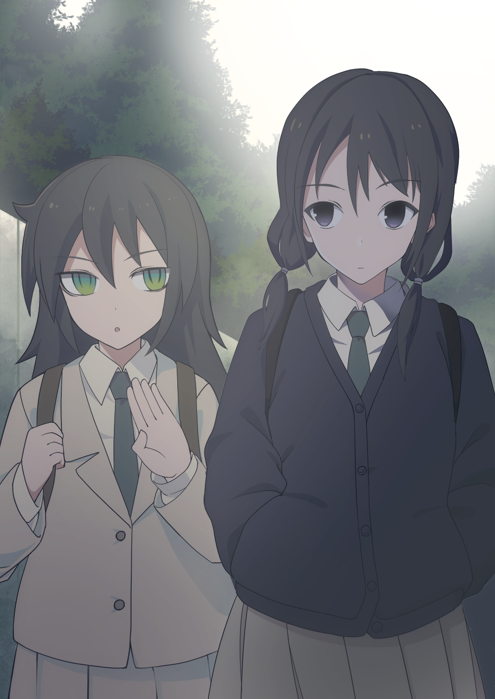 2girls :o aroha_j bags_under_eyes black_hair blazer blue_cardigan brown_jacket brown_skirt buttons cardigan closed_mouth collared_shirt commentary_request day green_eyes green_necktie hair_between_eyes hand_in_pocket hands_up highres holding_strap jacket kuroki_tomoko long_hair long_sleeves multiple_girls necktie outdoors parted_lips pleated_skirt school_uniform shirt sidelocks sideways_glance skirt standing tamura_yuri tree violet_eyes watashi_ga_motenai_no_wa_dou_kangaetemo_omaera_ga_warui! white_shirt