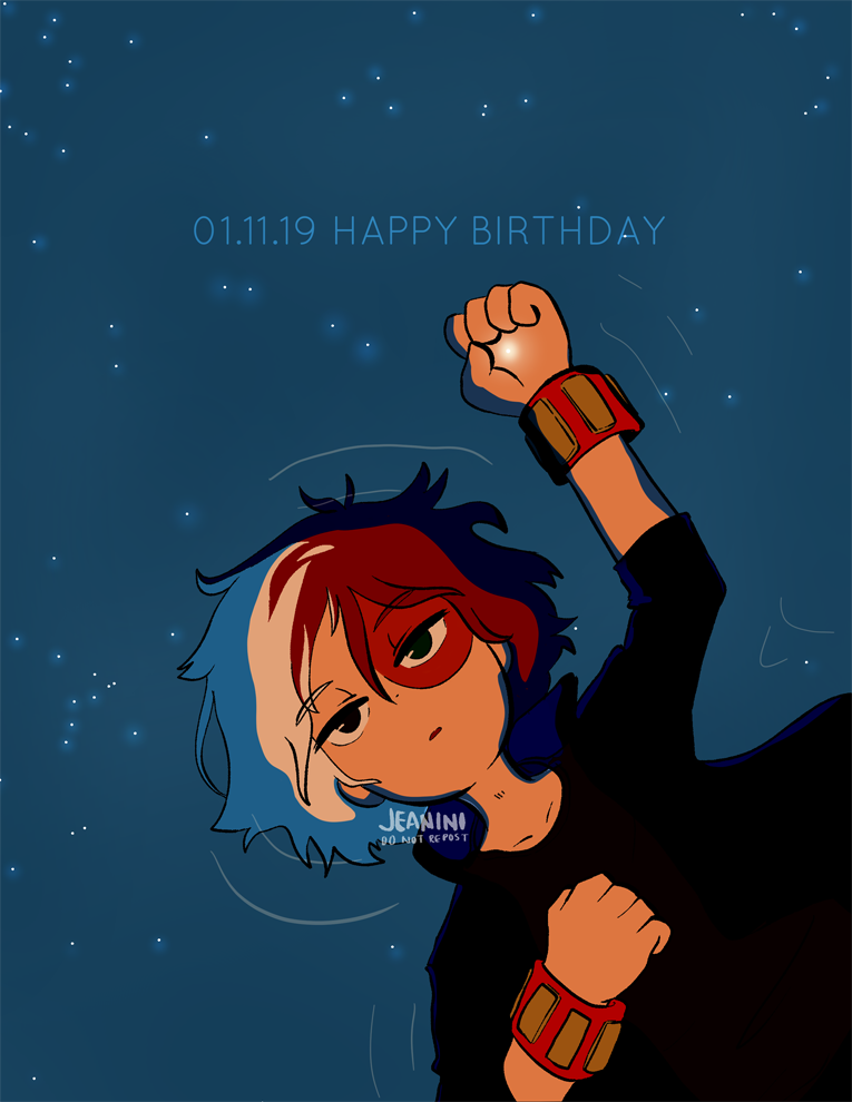 1boy artist_name black_eyes blue_background boku_no_hero_academia burn_scar commentary english_commentary english_text hair_between_eyes happy_birthday jeanini looking_at_viewer lying male_focus multicolored_hair on_back redhead scar scar_on_face short_hair solo split-color_hair todoroki_shouto two-tone_hair upper_body white_hair wristband