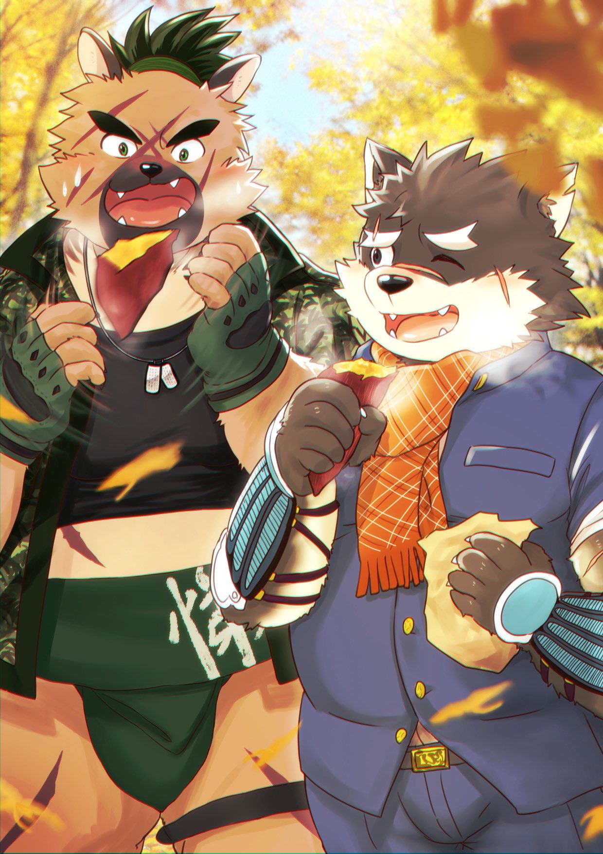 2boys animal_hands autumn autumn_leaves character_request claws copyright_request dog_tags furry furry_male gloves green_gloves haiiro_oekaki highres male_focus multiple_boys scarf short_sleeves