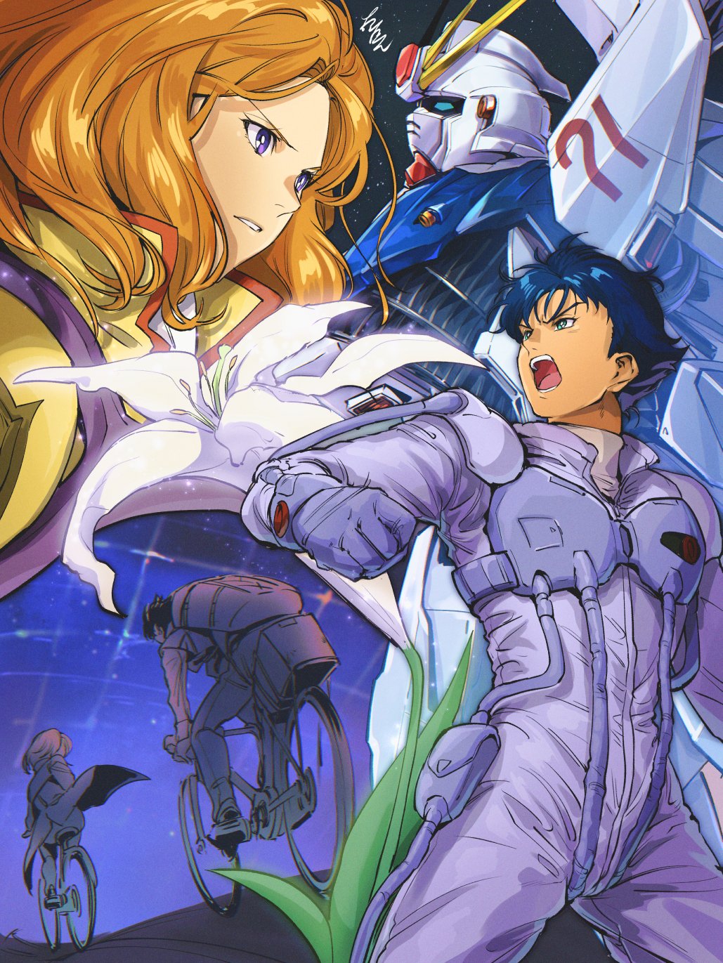 1boy 1girl backpack bag bicycle blue_eyes blue_hair cecily_fairchild chanmura clenched_hand f91_gundam flower gloves grey_gloves grey_shirt ground_vehicle gundam gundam_f91 hair_behind_ear highres jumpsuit looking_ahead mecha mobile_suit multiple_views orange_hair pants parted_lips purple_jumpsuit riding riding_bicycle robot seabook_arno shirt short_hair space v-fin v-shaped_eyebrows violet_eyes white_flower white_shirt yellow_jumpsuit