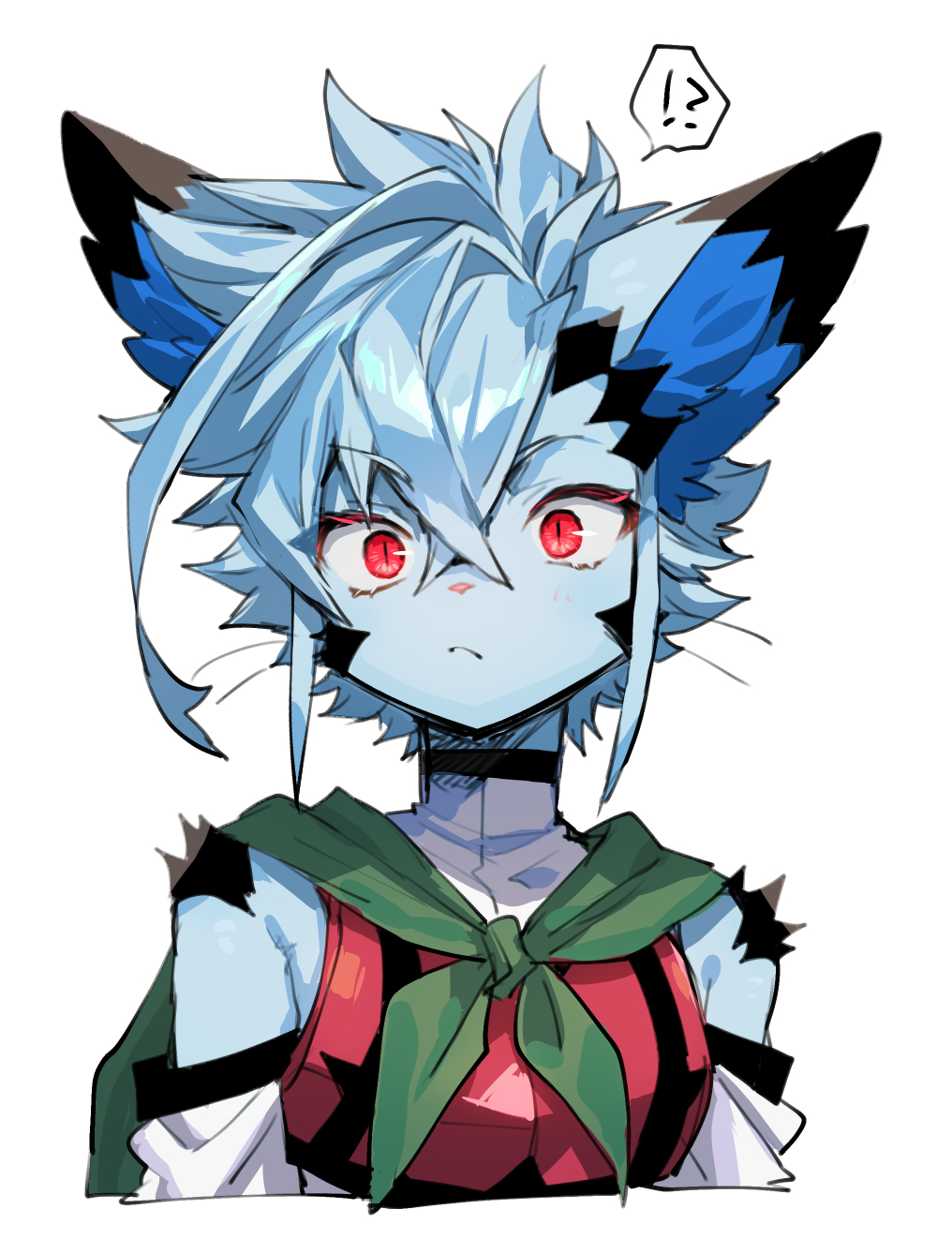 !? 1boy armor bare_shoulders black_choker blue_fur blue_hair body_fur breastplate cape choker furry furry_male green_cape highres looking_at_viewer original red_eyes yadayada