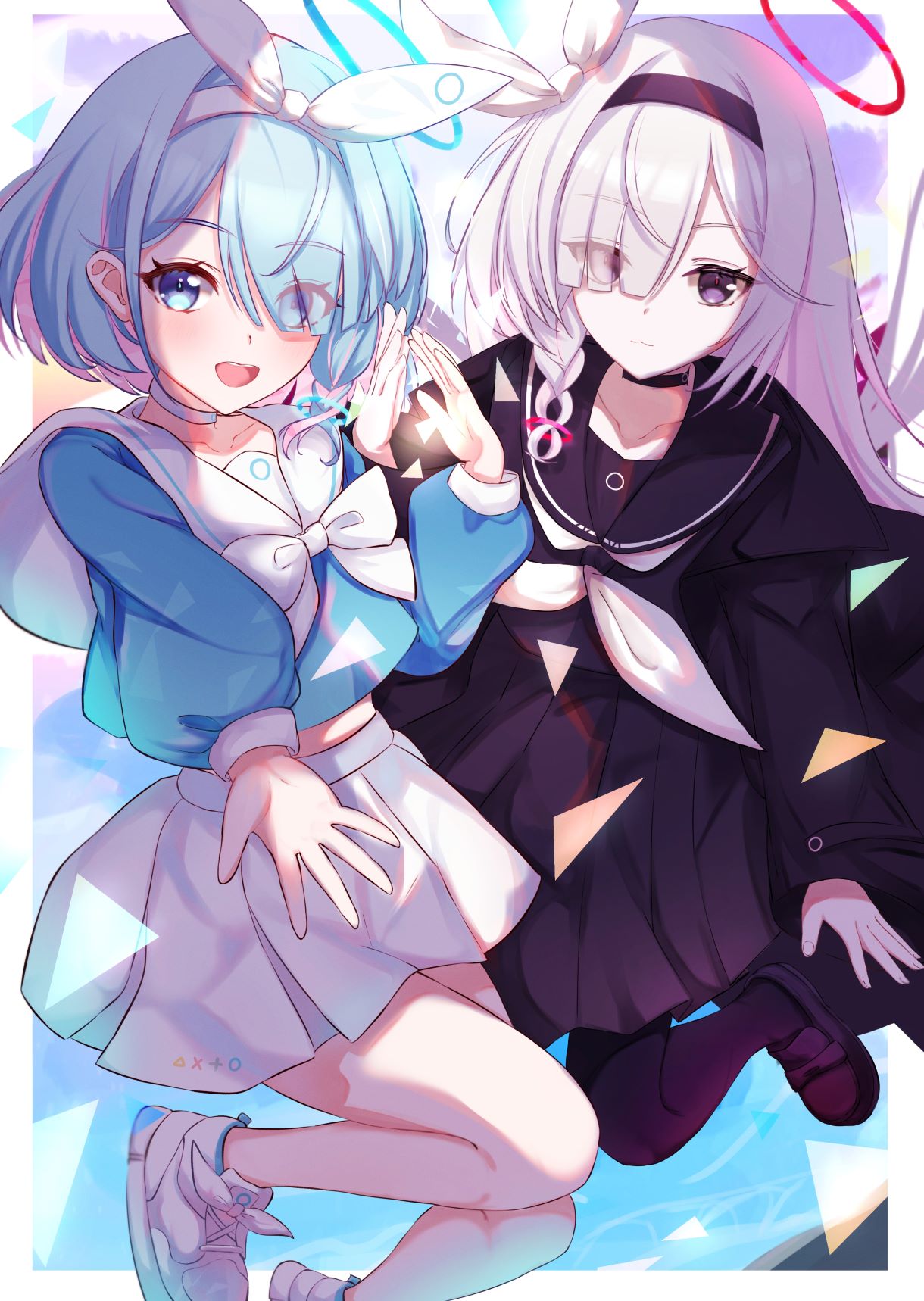 2girls :3 a.r.o.n.a_(blue_archive) arona_(blue_archive) black_choker black_coat black_eyes black_footwear black_hairband black_pantyhose black_sailor_collar black_serafuku black_skirt blue_archive blue_eyes blue_hair blue_halo blue_pupils blue_serafuku border braid choker closed_mouth coat collarbone colored_inner_hair commentary eyes_visible_through_hair feet_out_of_frame hair_over_one_eye hair_ribbon hairband halo hand_up highres jumping loafers long_hair long_sleeves looking_at_viewer midriff multicolored_hair multiple_girls neckerchief open_mouth outside_border pantyhose pink_hair pleated_skirt reaching_towards_viewer red_halo red_pupils ribbon sailor_collar school_uniform serafuku shoes short_hair sidelocks single_braid skirt sneakers teeth two-tone_hair umidemi upper_teeth_only white_border white_choker white_footwear white_hair white_hairband white_neckerchief white_ribbon white_sailor_collar white_skirt