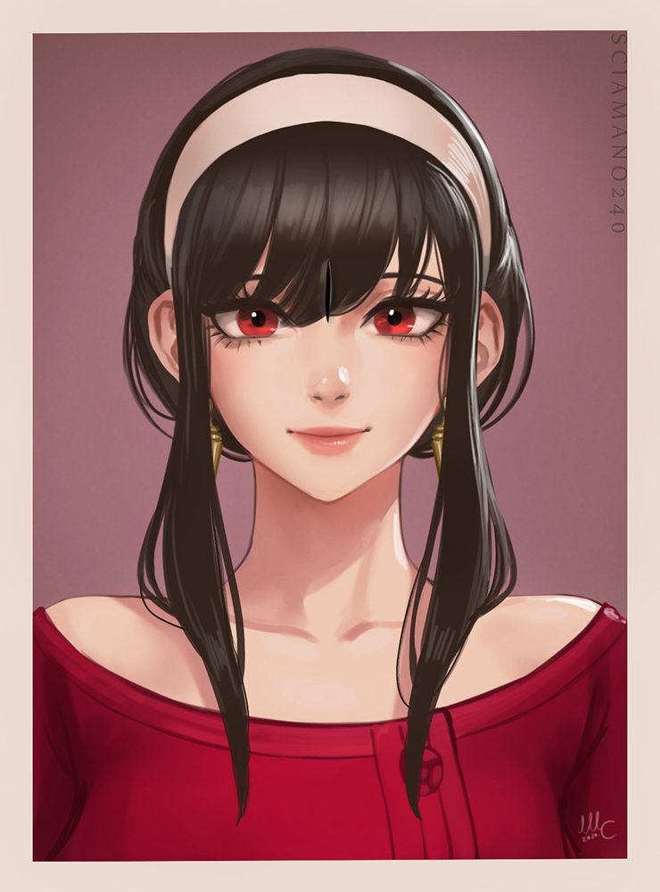 1girl bare_shoulders black_hair collarbone damaged ear_piercing earrings hair_between_eyes hairband hole jewelry photo_(object) piercing red_eyes red_shirt red_sweater sciamano240 shirt short_hair smile spy_x_family straight-on sweater yor_briar