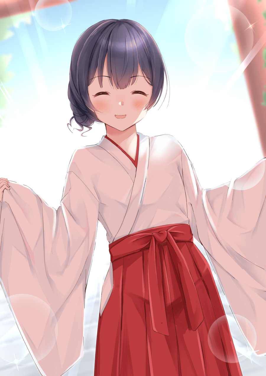 1girl black_hair blush breasts day hair_between_eyes hair_bun hakama hakama_skirt highres idolmaster idolmaster_shiny_colors japanese_clothes kimono long_sleeves looking_at_viewer miko morino_rinze open_mouth pavement red_hakama short_hair skirt sleeves_past_wrists small_breasts smile solo sunlight tktk135 torii tree white_kimono wide_sleeves