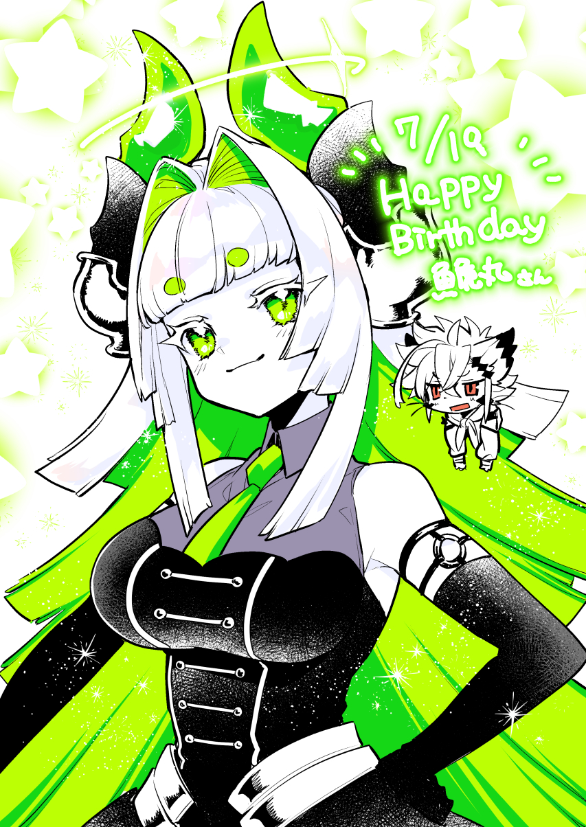 1boy 1girl bare_shoulders body_fur borrowed_character breasts colored_inner_hair demon_girl demon_horns elbow_gloves furry furry_male gloves green_eyes green_hair green_necktie happy_birthday highres horns large_breasts long_hair looking_at_viewer multicolored_hair necktie original red_eyes smile white_hair yadayada