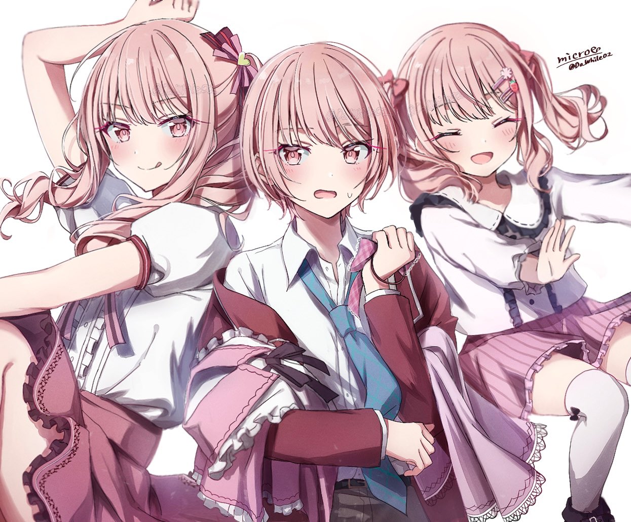 3others aged_down akiyama_mizuki androgynous blue_necktie bow clone do_while02 drill_hair frilled_skirt frilled_sleeves frills hair_bow jacket long_hair long_sleeves looking_at_viewer multiple_others necktie other_focus pink_eyes pink_hair project_sekai puffy_short_sleeves puffy_sleeves red_bow red_jacket school_uniform short_hair short_sleeves side_drill side_ponytail skirt smile thigh-highs two_side_up white_thighhighs