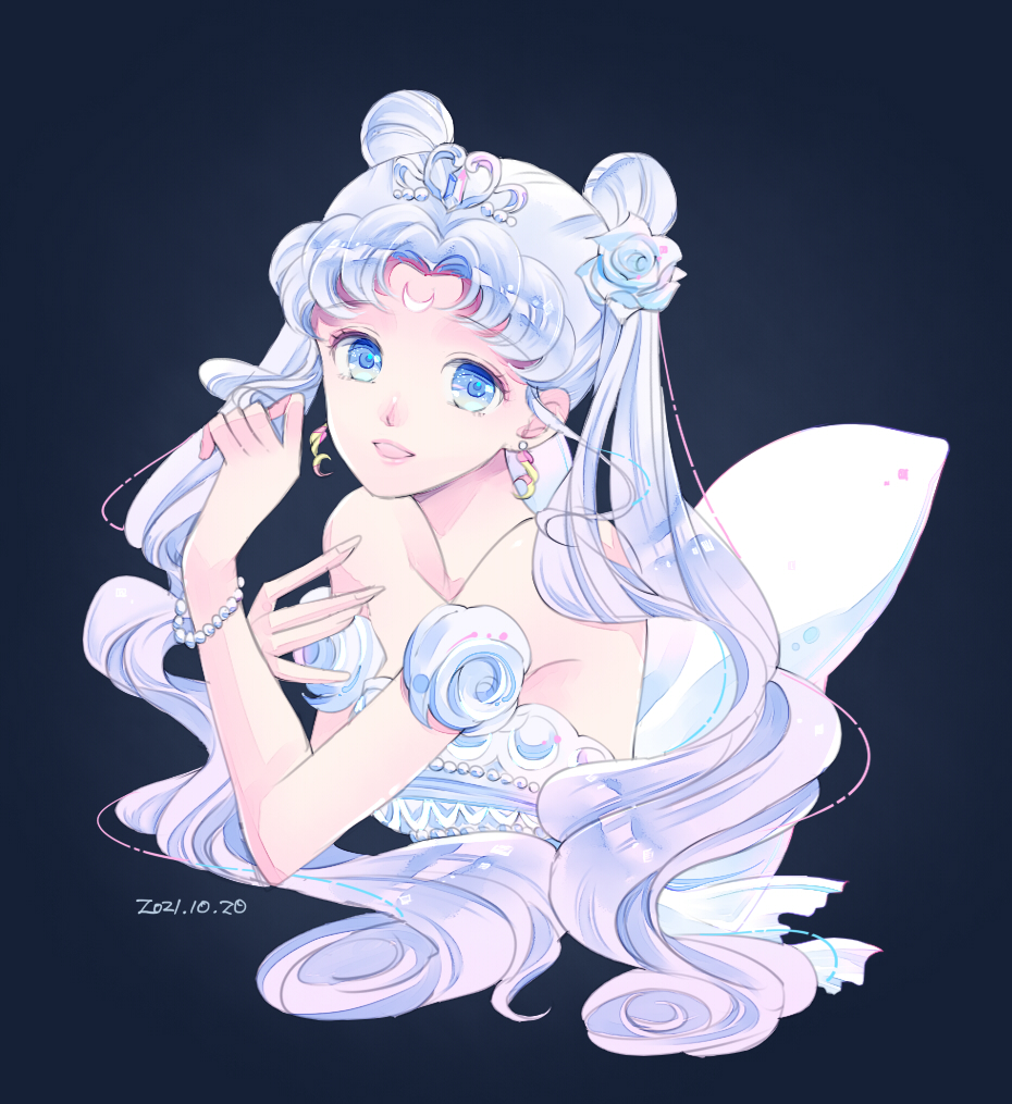 1girl 2021 bare_shoulders bishoujo_senshi_sailor_moon blue_background blue_eyes bracelet crescent crescent_facial_mark dated detached_sleeves double_bun dress earrings facial_mark flower forehead_mark hair_bun hair_flower hair_ornament jewelry long_hair looking_at_viewer neo_queen_serenity open_mouth parted_bangs pearl_bracelet purple_hair rose saki_(hxaxcxk) simple_background smile solo strapless strapless_dress tiara tsukino_usagi twintails upper_body white_flower white_rose