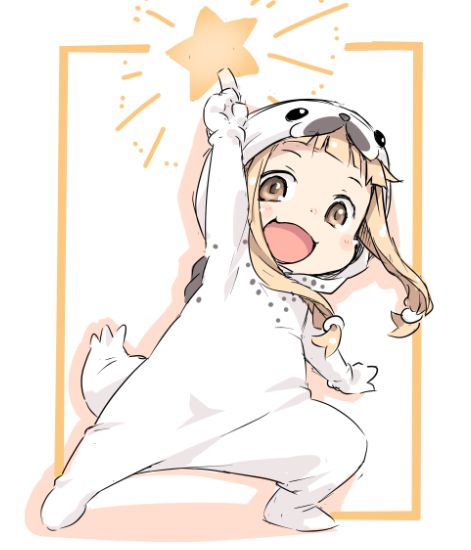 1girl :d animal_costume arm_up blonde_hair brown_eyes cosplay female_child flat_chest full_body ham_(points) ichihara_nina idolmaster idolmaster_cinderella_girls index_finger_raised kigurumi looking_at_viewer open_mouth pointing pointing_up seal_costume short_bangs smile solo standing star_(symbol)