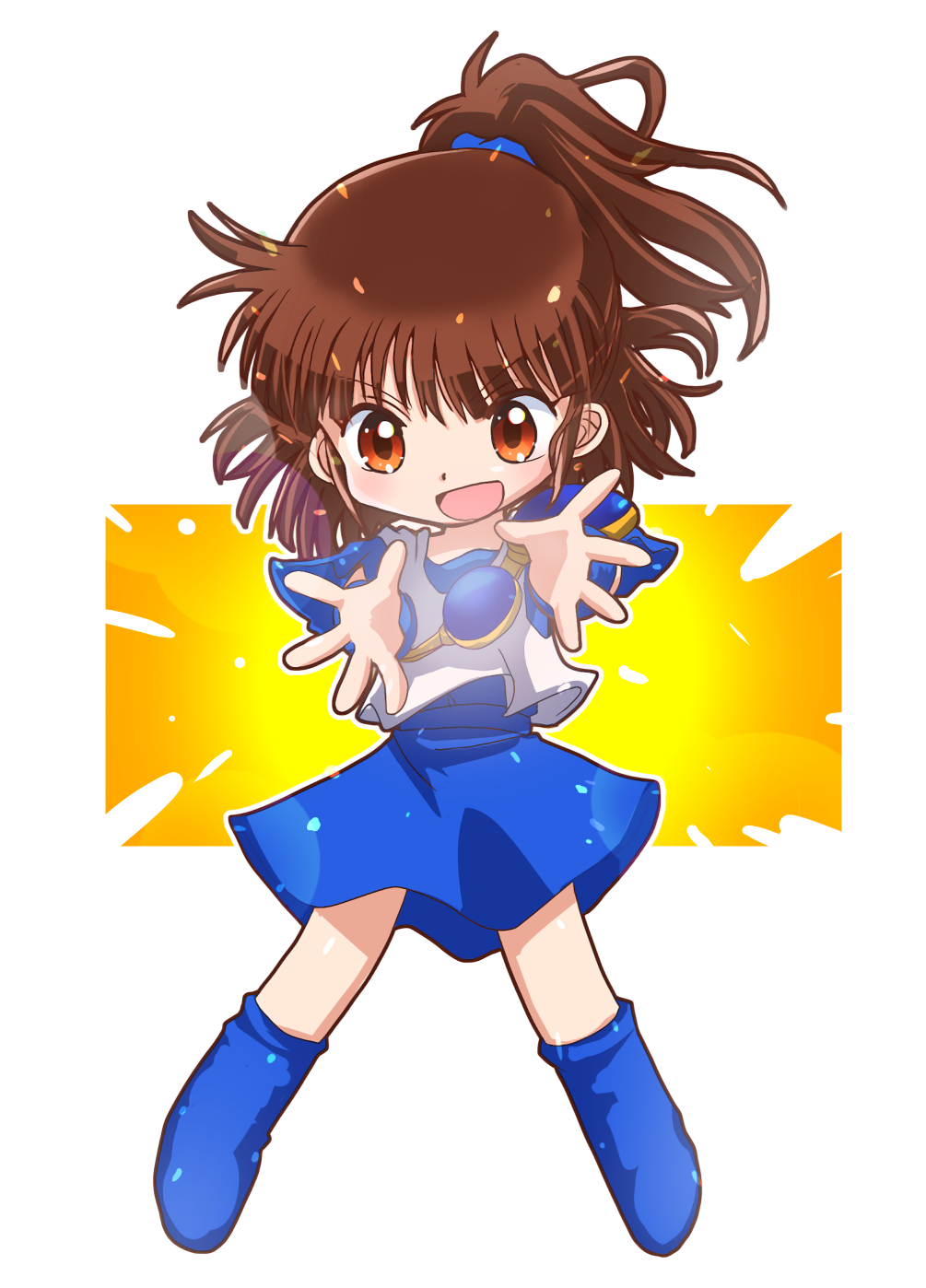 1girl arle_nadja blue_footwear blue_skirt brown_hair chibi full_body highres looking_at_viewer madou_monogatari orange_eyes ponytail puyopuyo sakurajyousui_nami skirt solo