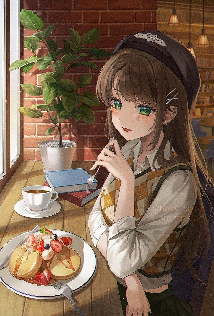 1girl blush book brown_hair collared_shirt commission cup earrings food fork fruit green_eyes hair_ornament hairclip hat highres holding holding_fork indoors jewelry long_hair looking_at_viewer open_mouth original pancake paran piercing plant plate potted_plant shirt sleeves_rolled_up smile strawberry sweater tea teacup web_address window