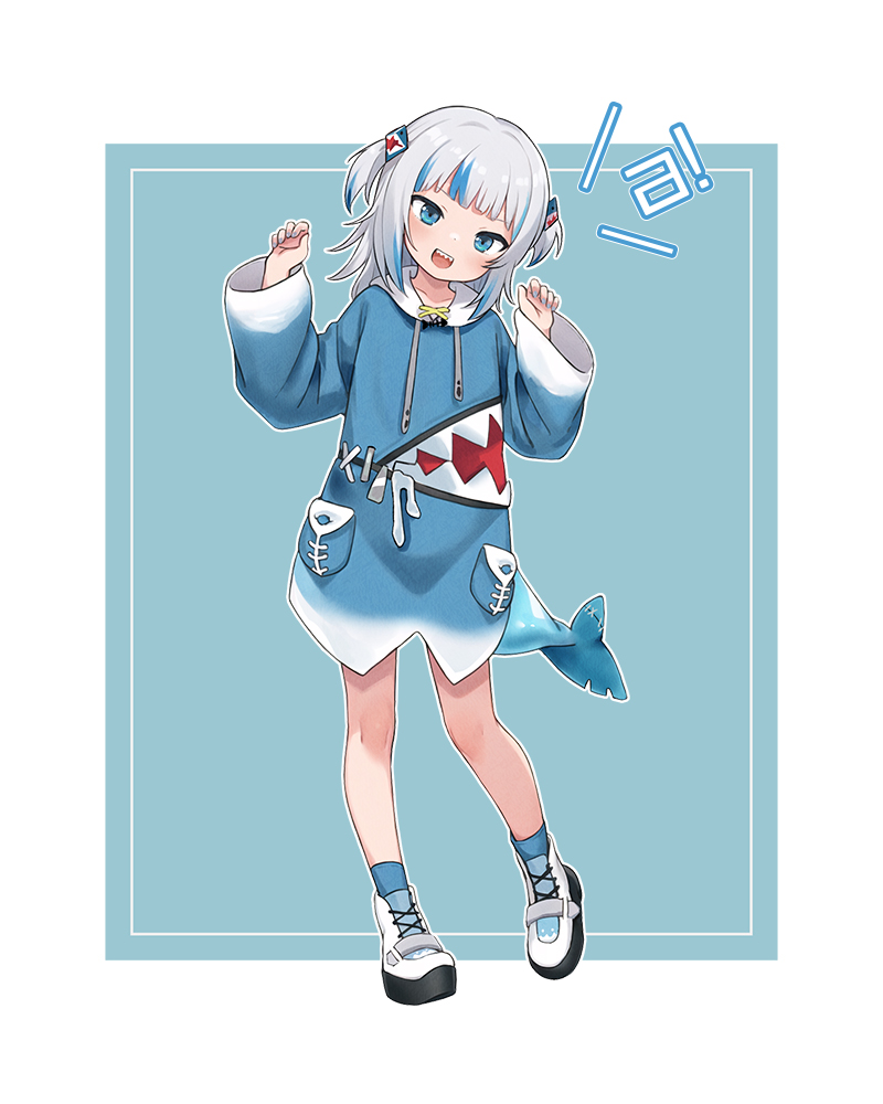 1girl :d a_(phrase) animal_costume animal_hood blue_background blue_eyes blue_hair blue_hoodie blue_nails blue_socks blunt_bangs commentary_request dot_nose drawstring fingernails fins fish_tail full_body gawr_gura grey_hair hair_ornament hands_up hololive hololive_english hood hoodie light_blush long_sleeves looking_at_viewer luckyeldayo medium_hair multicolored_hair nail_polish shark_costume shark_girl shark_hair_ornament shark_tail sharp_teeth smile socks solo standing streaked_hair tail teeth two-tone_background two_side_up virtual_youtuber white_background white_footwear wide_sleeves