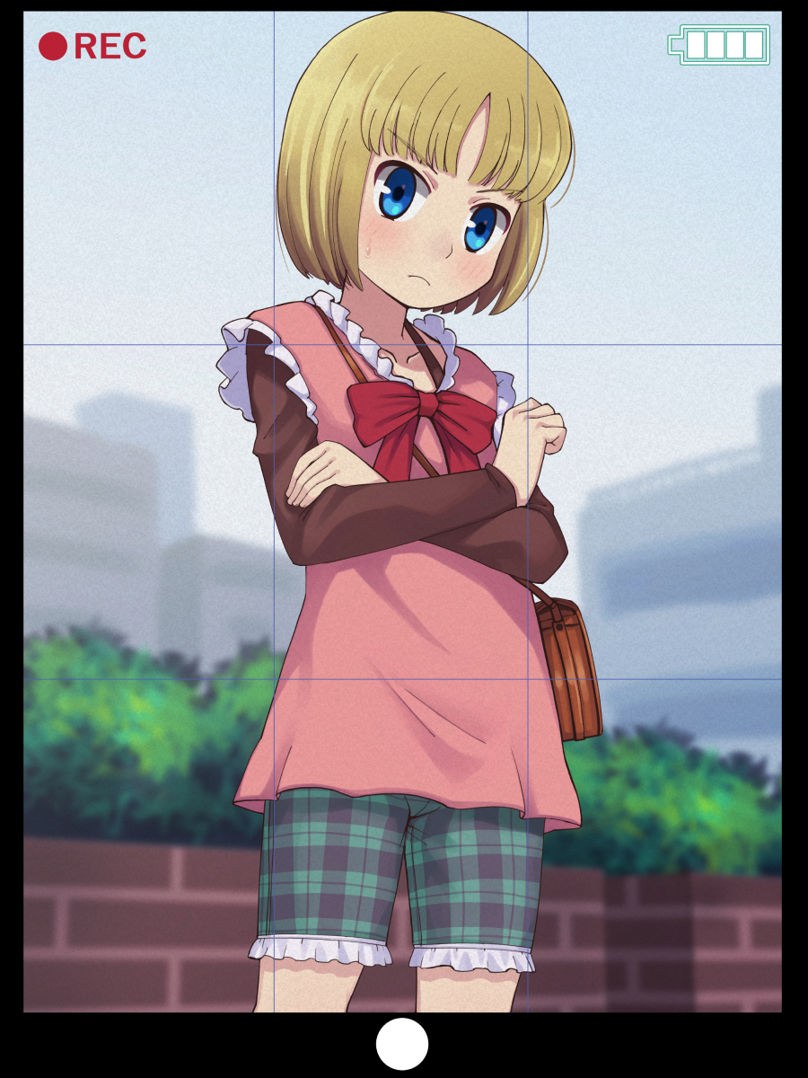 1girl bag battery_indicator binbou_shimai_monogatari black_border blonde_hair blue_eyes blurry blurry_background blush bob_cut border bow closed_mouth collarbone commentary_request commission cowboy_shot crossed_arms dress dress_bow echigoya_ginko film_grain flat_chest frilled_dress frilled_shorts frills frown green_shorts highres long_sleeves looking_at_viewer microdress outdoors parted_bangs pink_dress plaid plaid_shorts recording red_bow short_hair shorts shoulder_bag skeb_commission sleeveless sleeveless_dress solo standing stupa13a sweatdrop viewfinder