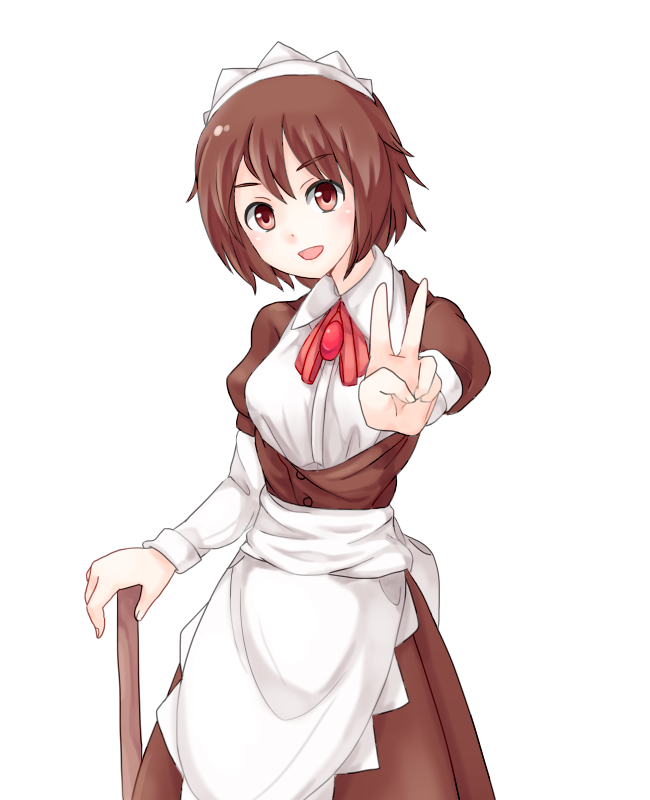 1girl :d aliza_(ragnarok_online) apron ascot blush breasts brown_dress brown_eyes brown_hair buttons collared_shirt commentary_request cowboy_shot dress layered_sleeves long_sleeves looking_at_viewer maid maid_headdress open_mouth ragnarok_online red_ascot shirt short_hair short_over_long_sleeves short_sleeves simple_background smile solo spinelfeo v waist_apron white_apron white_background white_shirt