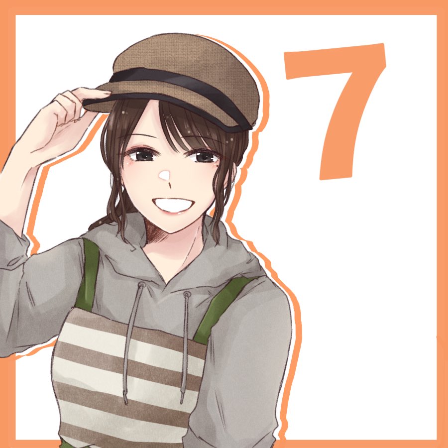 1girl :d adjusting_clothes adjusting_headwear apron arm_up border brown_apron brown_eyes brown_hair brown_headwear cabbie_hat commentary countdown drawstring grey_hoodie grin hat hood hood_down hoodie ishii_haruna long_sleeves looking_at_viewer medium_hair mole mole_under_eye nigari_(ngari_0115) orange_border outside_border real_life sidelocks simple_background sleeves_pushed_up smile solo striped striped_apron swept_bangs upper_body voice_actor white_background